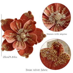 Velvet artificial Christmas flower with gold sequins and beads, rust red decor, 25cm
