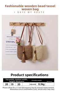 Detailed size chart of handmade straw bag with adjustable strap and beaded tassel decor