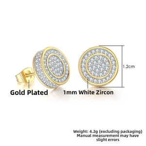 Macro shot of 1.2cm gold-plated hip-hop stud earrings with micro-pave white zircon