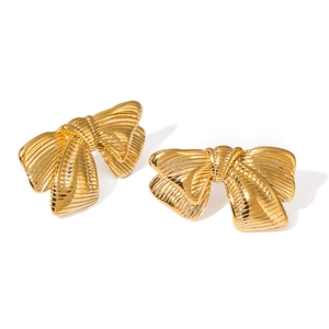 Polished 18k gold stainless steel bow earrings with a vintage brushed metallic texture