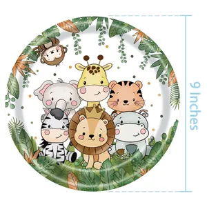 9-inch round paper plates featuring cartoon jungle animals and tropical leaves for parties
