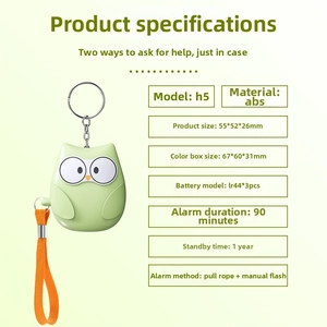 Detail view of H5 owl personal alarm with orange lanyard and silver keychain clip