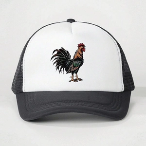 Classic black and white trucker hat with vibrant rooster print for outdoor sun protection