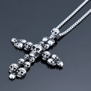 Gothic punk skull cross necklace pendant in antique silver stainless steel for men and women