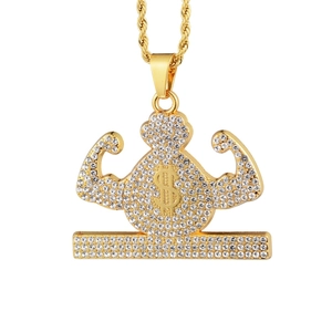 Golden hip hop money bag pendant necklace with dollar sign and sparkling rhinestones