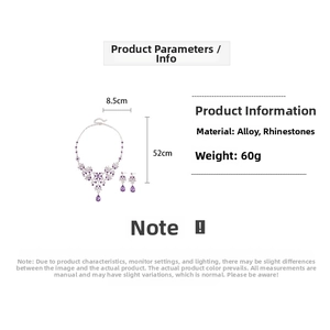 Detail view of purple rhinestone jewelry set with necklace and earring dimensions