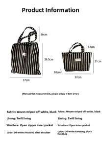 Detailed size guide for striped canvas tote bags with handle and pocket measurements