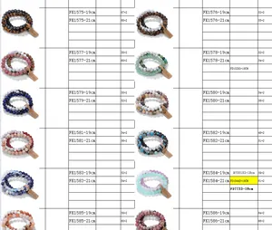 Size chart showing model numbers and dimensions for natural stone crystal bracelets