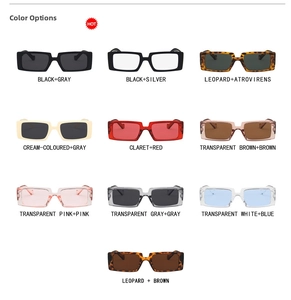 Collage of retro narrow rectangular sunglasses in ten varied color frames and lenses