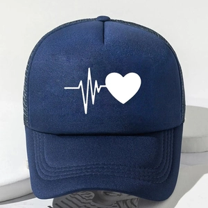 Detail of navy blue trucker hat with heartbeat heart print and breathable mesh back