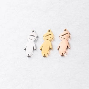Detailed view of 20mm mirror polished stainless steel boy and girl charms in three colors