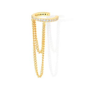 Detailed close-up of golden tassel ear cuff featuring sparkling cubic zirconia stones