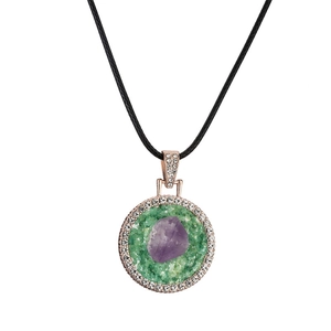 Geometric heart necklace featuring natural amethyst and rhinestones on black cord