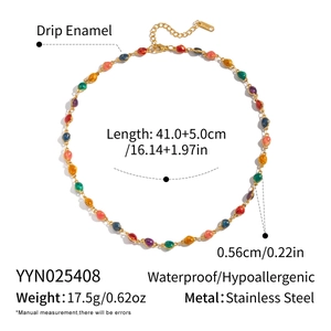 Detail showing specifications of enamel beaded stainless steel necklace with dimensions