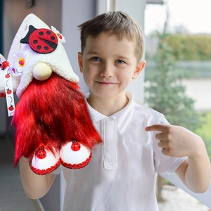 Standing Christmas ladybug gnome plush decoration with long beard and polka dot hat