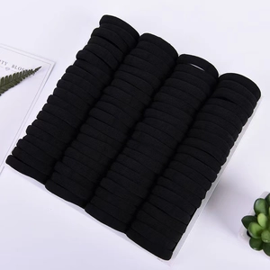 Macro detail of seamless black elastic hair ties arranged on a clean white display card