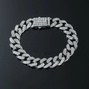 Bracelet chaîne cubaine argentée avec strass scintillants style hip hop pour hommes luxe