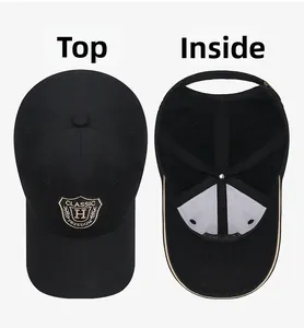 Draufsicht und Innenansicht der schwarzen Baseballkappe mit gesticktem Schild-Logo und Baumwolle
