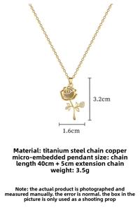 Macro view of rose flower pendant with cubic zirconia and golden titanium steel chain