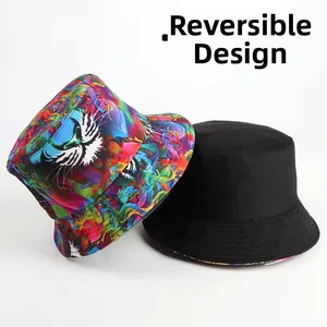 Detail of reversible bucket hat showing colorful tiger print side and solid black lining