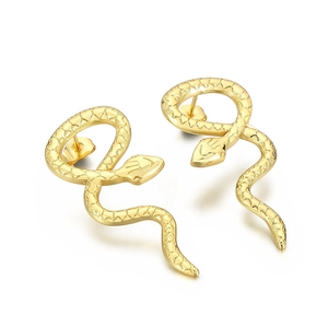 Golden stainless steel snake earrings with intricate scale texture on a clean white background