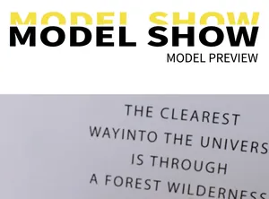 Close-up of the Model Show section featuring minimalist decorative text layout and quotes