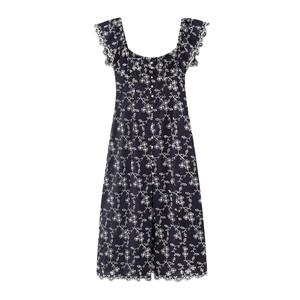 Navy blue square neck midi dress with white floral embroidery and scalloped hem