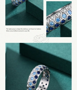 Detailed close-up of 925 silver ring featuring blue gemstones and three-row zircon accents