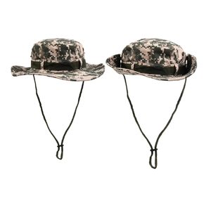 Detailed view of digital camouflage desert sun hat with wide brim and adjustable chin strap