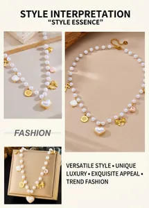 Detail of faux pearl chain necklace with gold heart, shell, and bow pendants