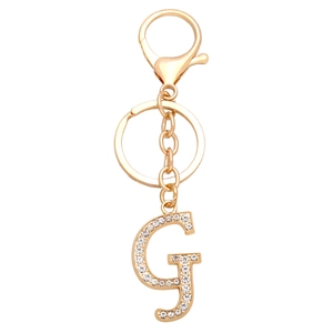 Detail of gold alphabet letter G keychain with sparkly rhinestones and lobster clasp