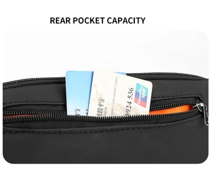 Detail of rear anti-theft zipper pocket with orange lining for mini crossbody bag