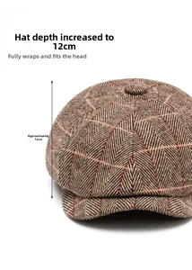 Détail de casquette gavroche en tweed à chevrons avec couronne profonde de 12 cm