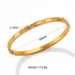 Gold-plated stainless steel bangle with inset round zircons, 3.7mm width, 59mm inner diameter