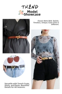 Detailed view of women's heart buckle belts in brown and khaki on various outfits