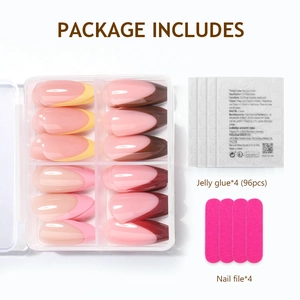 French press-on nail kit featuring colorful nail tips with adhesive tabs and pink files