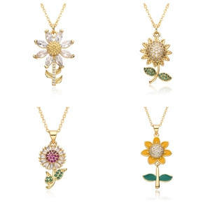 Sunflower Pendant Necklace Copper Zircon Enamel Luxury Micro Pave Floral Clavicle Chain Jewelry For Women