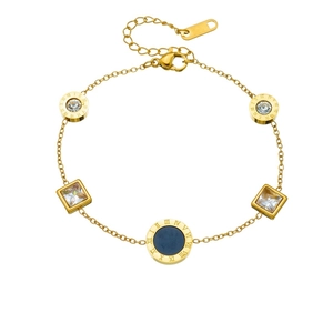 Elegant gold chain bracelet with Roman numeral charms and blue square crystal insets