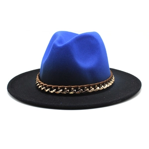 Royal blue and black gradient wool fedora hat with gold chain ribbon for men and women