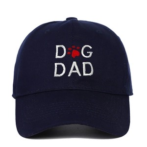 Dark blue cotton baseball cap featuring white Dog Dad embroidery with a red paw print