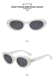 Front and side views of vintage oval jelly white sunglasses with dark grey lenses