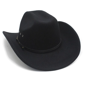 Close-up of black western cowboy hat featuring felt texture and leather band with metal rivets