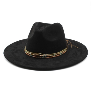 Classic black wool fedora hat featuring a bohemian beaded band with turquoise accents