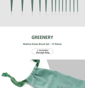 Detail of 13-piece matcha green makeup brush set with premium velvet drawstring pouch