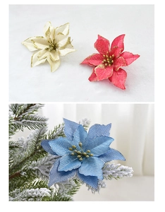 Three colors of glitter artificial poinsettia flowers on snowy Christmas tree branches