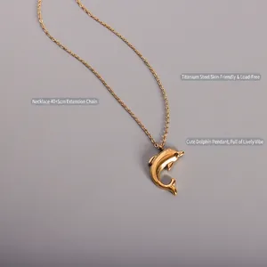 Polished 18k gold plated titanium steel necklace featuring a cute dolphin pendant