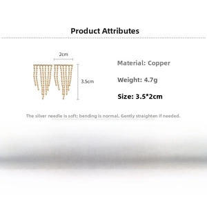 Detailed view of golden fringe earrings showing 3.5x2cm dimensions and silver needle pins