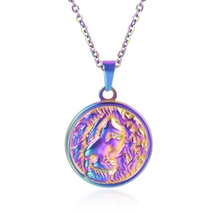 Rainbow vacuum plated stainless steel lion head relief pendant on O-chain necklace