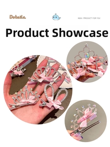 Detail of silver tiara hair clips with pink ribbons and rhinestones for girls