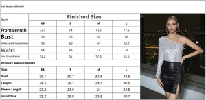 Detailed size chart for sexy one-shoulder sequin bodysuit including bust and sleeve measurements